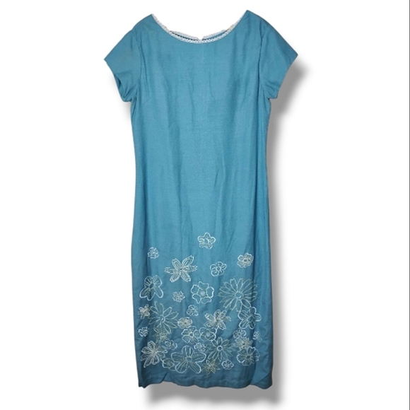 VTG 90s Club Newport Maxi Dress 12 Blue Embroidered Hem Crochet Trim Lined - Picture 1 of 8